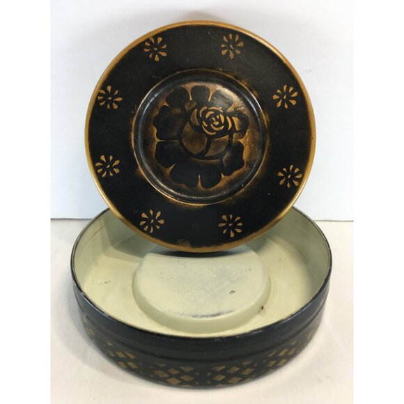 Vintage Japanese Lacquer Jewelry Trinket Box Black Gold Round Lidded 5.5'' - Picture 8 of 11